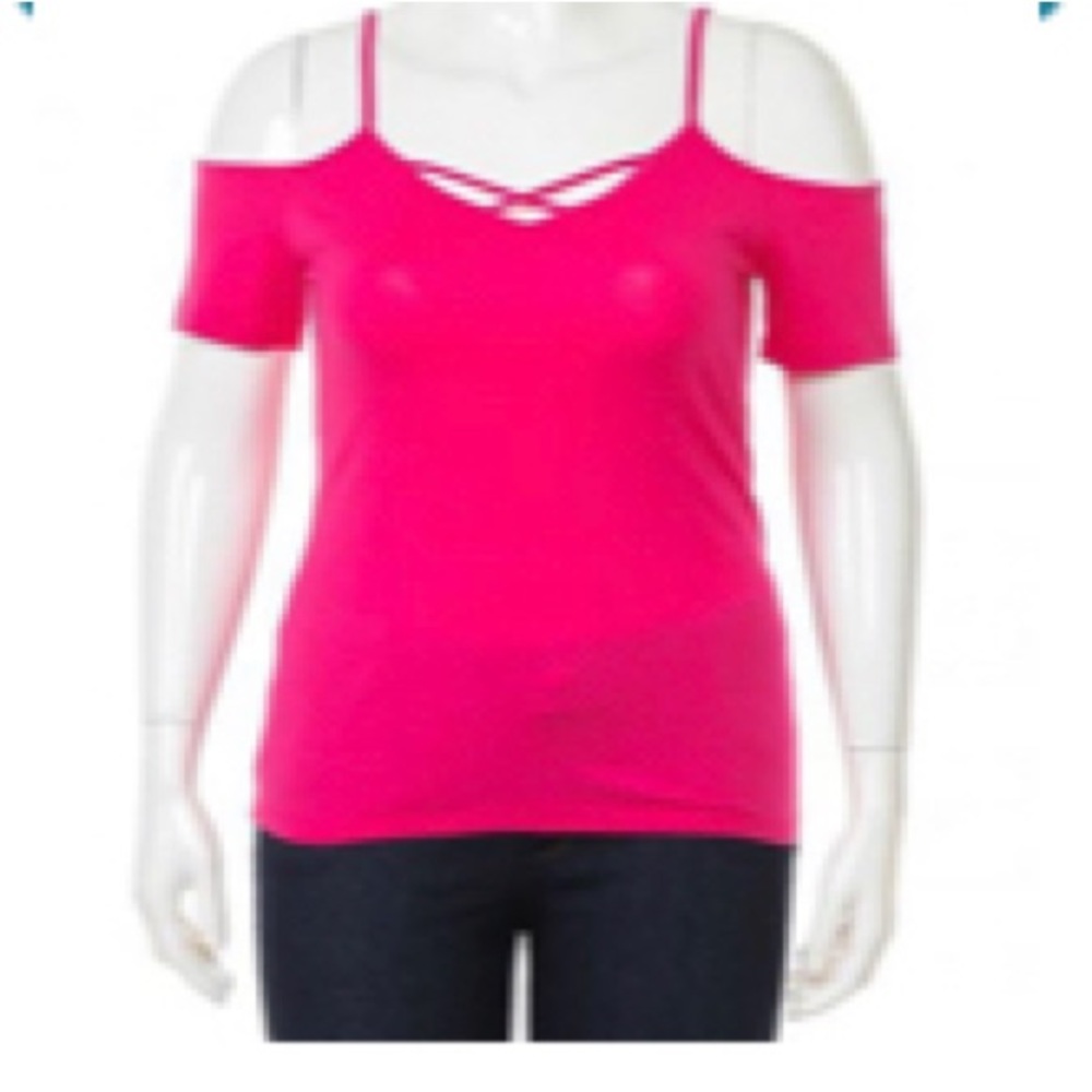 Top Debora by Ambience 20”Pit to Pit 25”L Size 3X Hot Pink V-neck Short Sleeve